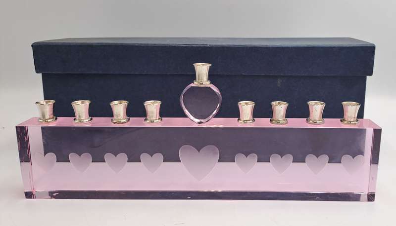 9 Head Menorah Crystal/Glass With Silver Plate -Boxed -Used