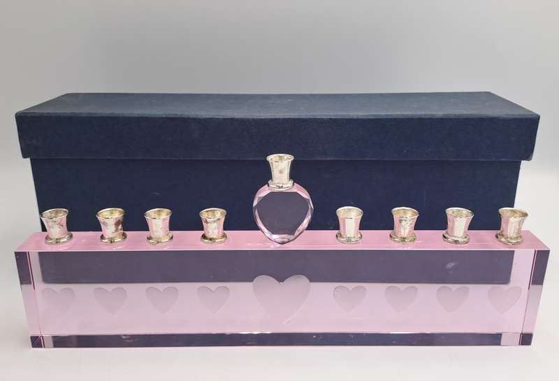 9 Head Menorah Crystal/Glass With Silver Plate -Boxed -Used