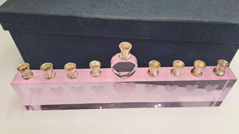 9 Head Menorah Crystal/Glass With Silver Plate -Boxed -Used