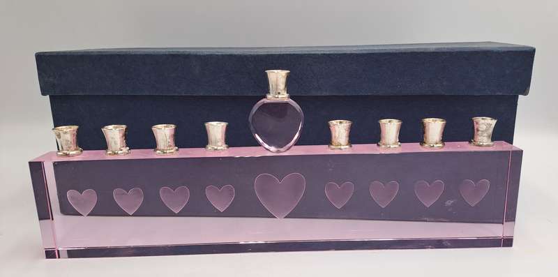 9 Head Menorah Crystal/Glass With Silver Plate -Boxed -Used