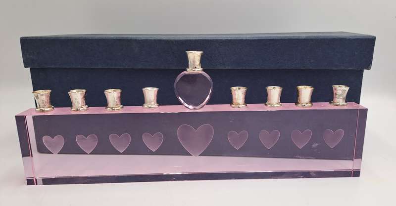 9 Head Menorah Crystal/Glass With Silver Plate -Boxed -Used