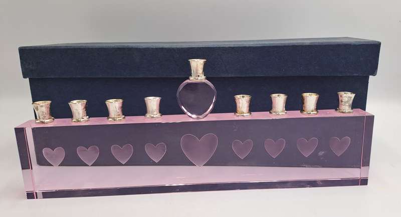 9 Head Menorah Crystal/Glass With Silver Plate -Boxed -Used