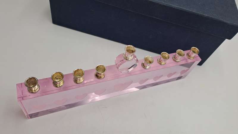 9 Head Menorah Crystal/Glass With Silver Plate -Boxed -Used