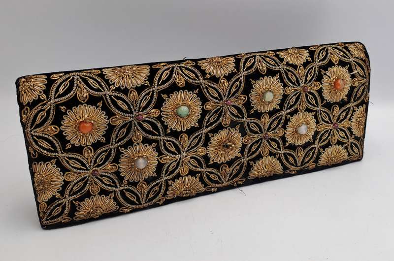 Womens Vintage Black Velvet & Satin Handcrafted Handbag with Stones and Copper Embroidery-India
