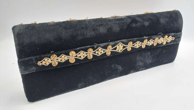 Womens Vintage Black Velvet & Satin Handcrafted Handbag with Stones and Copper Embroidery-India