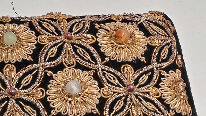 Womens Vintage Black Velvet & Satin Handcrafted Handbag with Stones and Copper Embroidery-India
