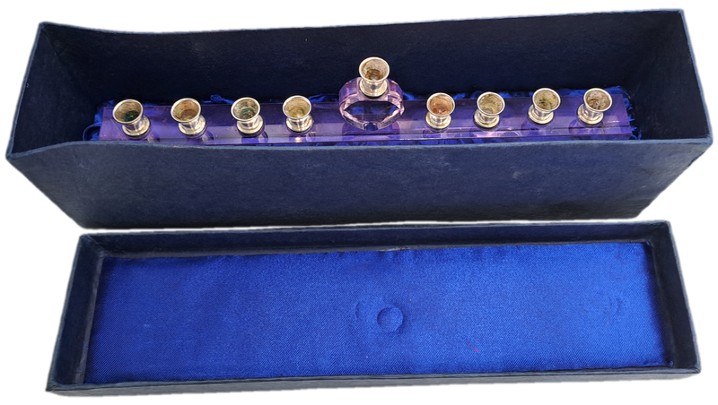 9 Head Menorah Crystal/Glass With Silver Plate -Boxed -Used