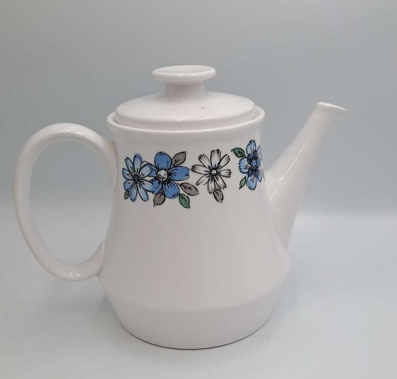 Vintage Noritake RC Progression China Japan Moda 905 Teapot Blue Grey Flowers Off White