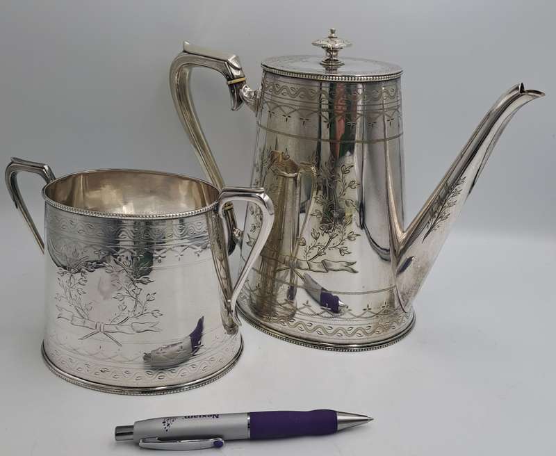 Large Antique Victorian Silver Plated Tea pot and Sugar Pot