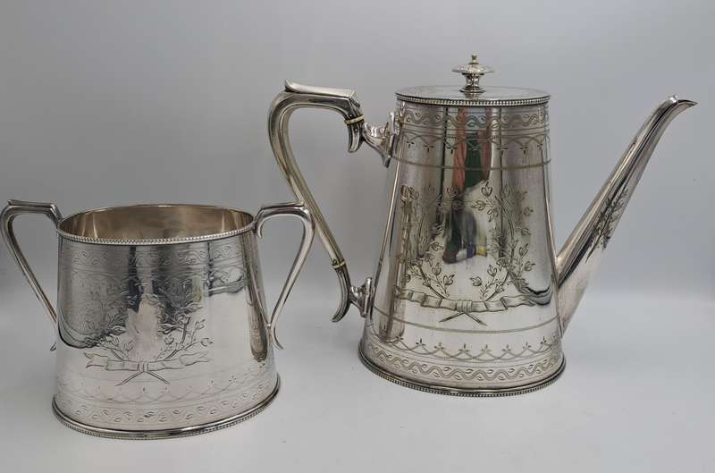 Large Antique Victorian Silver Plated Tea pot and Sugar Pot