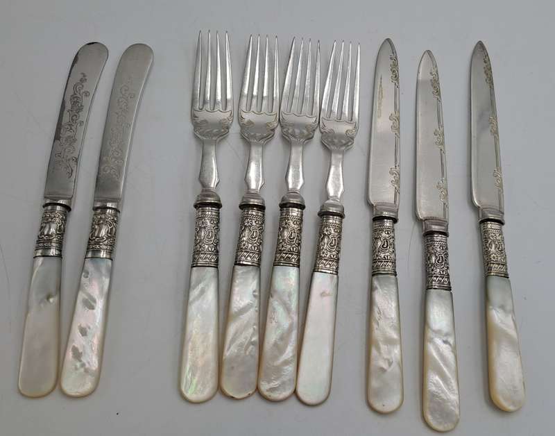 9 Antique Victorian Sheffield knifes and forks with Mother of Pearl Handles -see condition