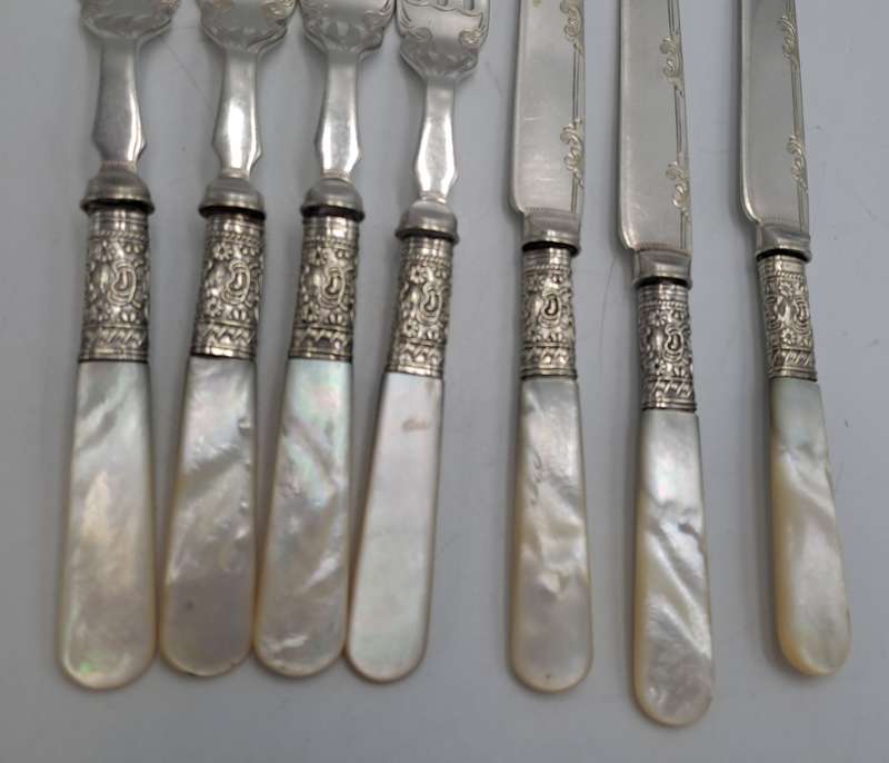 9 Antique Victorian Sheffield knifes and forks with Mother of Pearl Handles -see condition