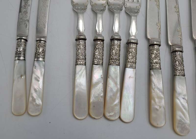 9 Antique Victorian Sheffield knifes and forks with Mother of Pearl Handles -see condition