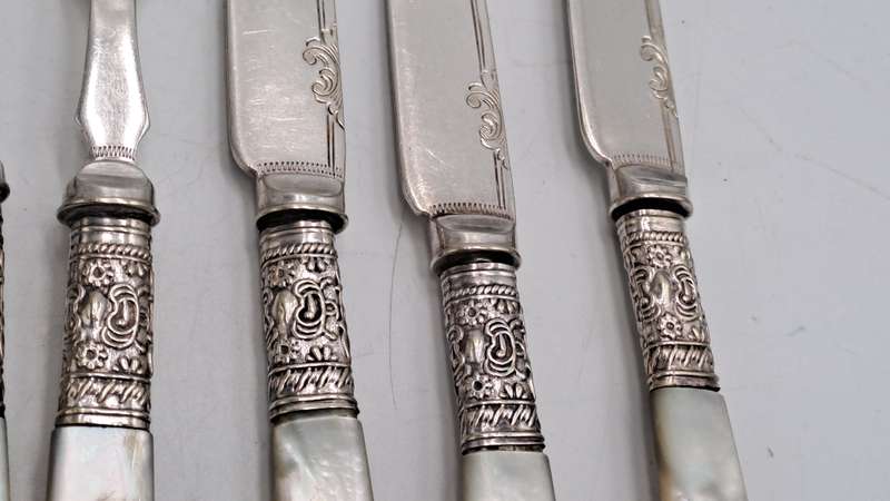 9 Antique Victorian Sheffield knifes and forks with Mother of Pearl Handles -see condition