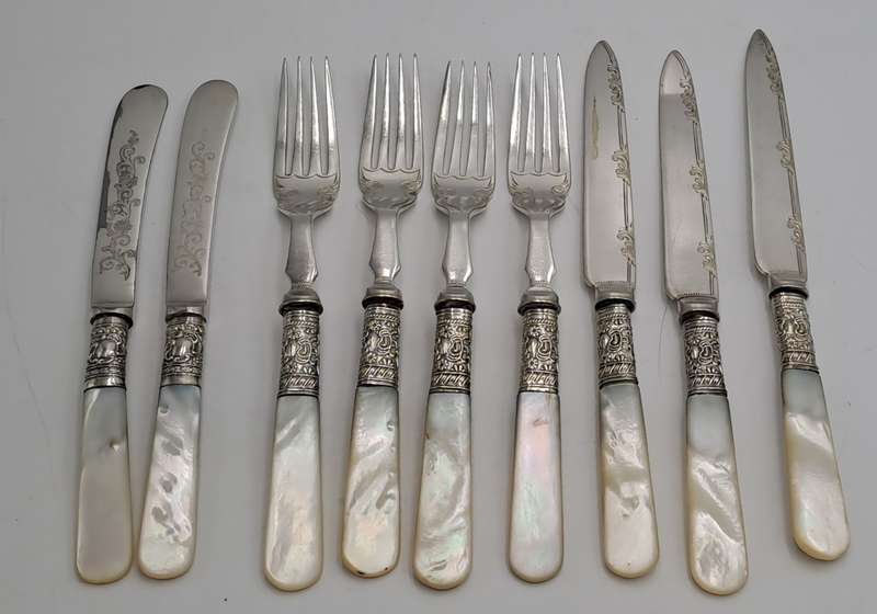 9 Antique Victorian Sheffield knifes and forks with Mother of Pearl Handles -see condition