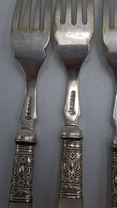9 Antique Victorian Sheffield knifes and forks with Mother of Pearl Handles -see condition