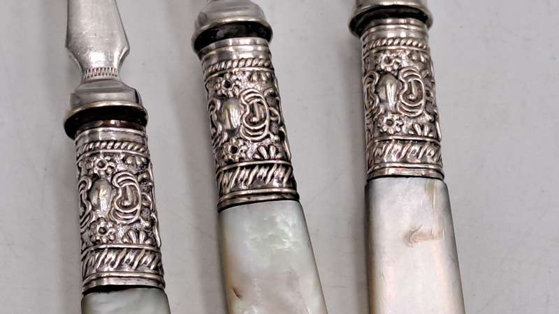 9 Antique Victorian Sheffield knifes and forks with Mother of Pearl Handles -see condition