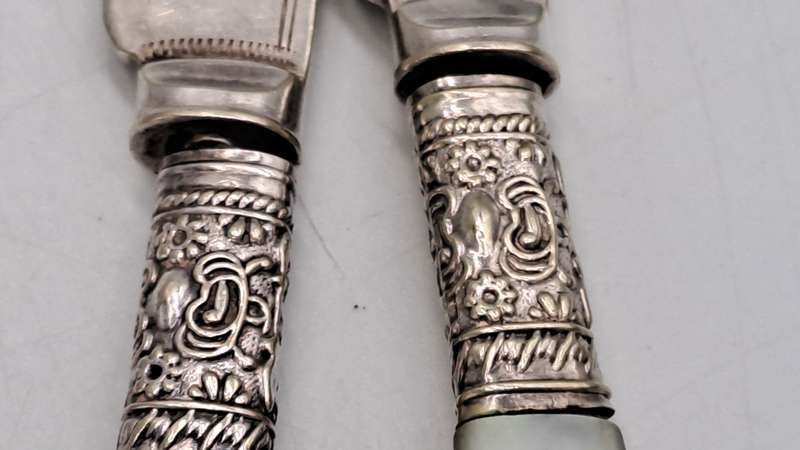9 Antique Victorian Sheffield knifes and forks with Mother of Pearl Handles -see condition