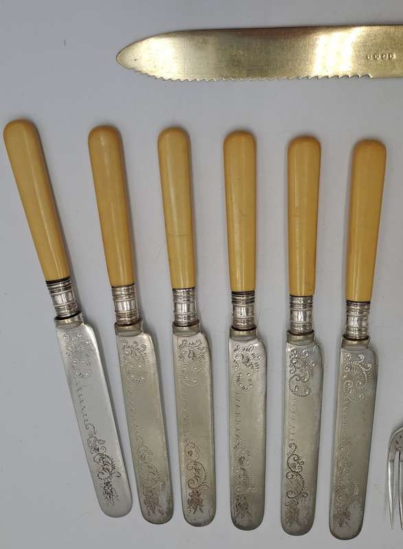 12 Antique Sheffield knifes and forks -The large Knife has hallmark sterling silver Collar