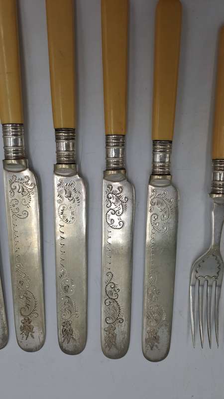 12 Antique Sheffield knifes and forks -The large Knife has hallmark sterling silver Collar