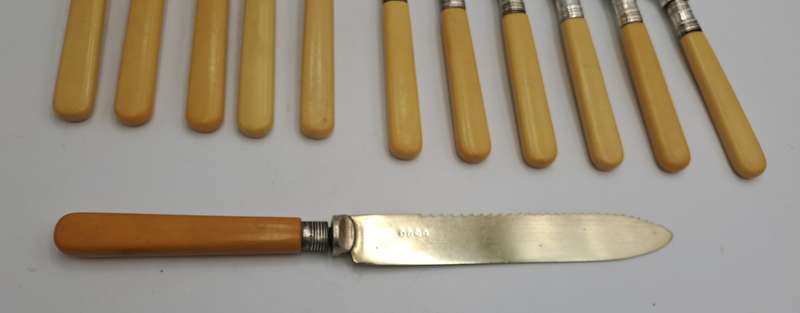 12 Antique Sheffield knifes and forks -The large Knife has hallmark sterling silver Collar