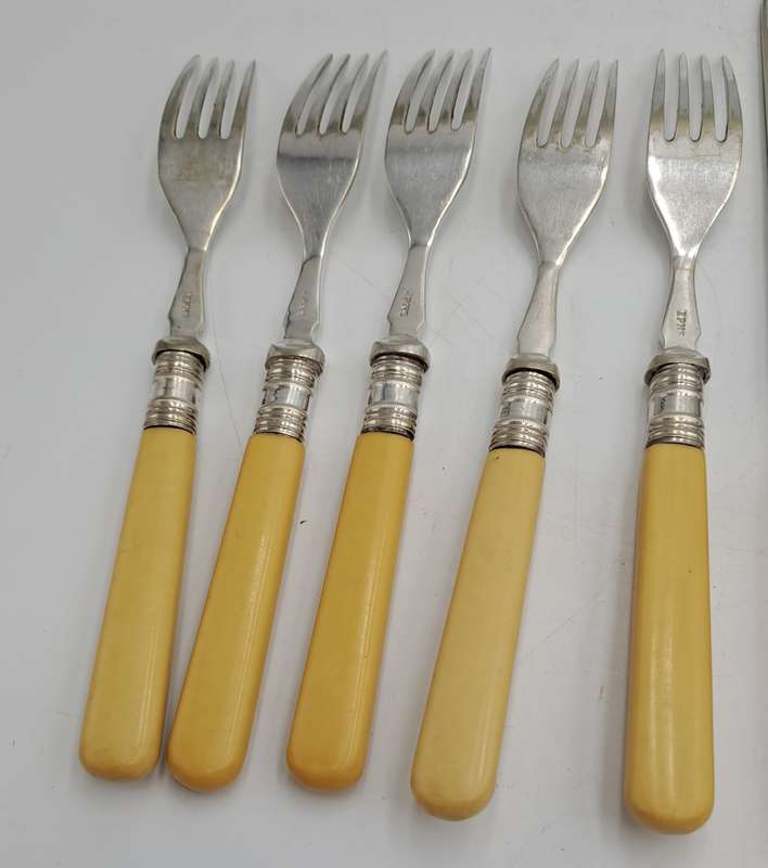12 Antique Sheffield knifes and forks -The large Knife has hallmark sterling silver Collar