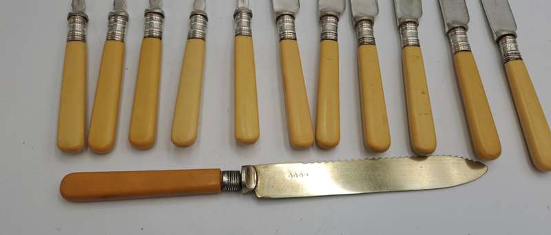 12 Antique Sheffield knifes and forks -The large Knife has hallmark sterling silver Collar