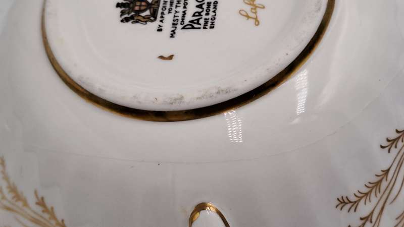Vintage Paragon Lafayette Soup cup and plate- By appoint. to the Queen- CUP has hairline Crack