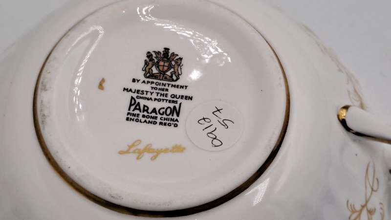 Vintage Paragon Lafayette Soup cup and plate- By appoint. to the Queen- CUP has hairline Crack