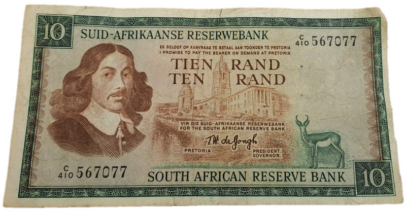 1975-1976 R10 Note -T.W. de Jongh, Watermark van Riebeeck-Afrikaans-English -C410 567077-Circulated