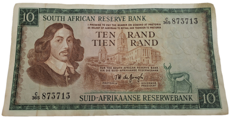 1975-1976 Ten Rand Note -T.W. de Jongh, Watermark van Riebeeck-English-Afrikaans -C/365 873713