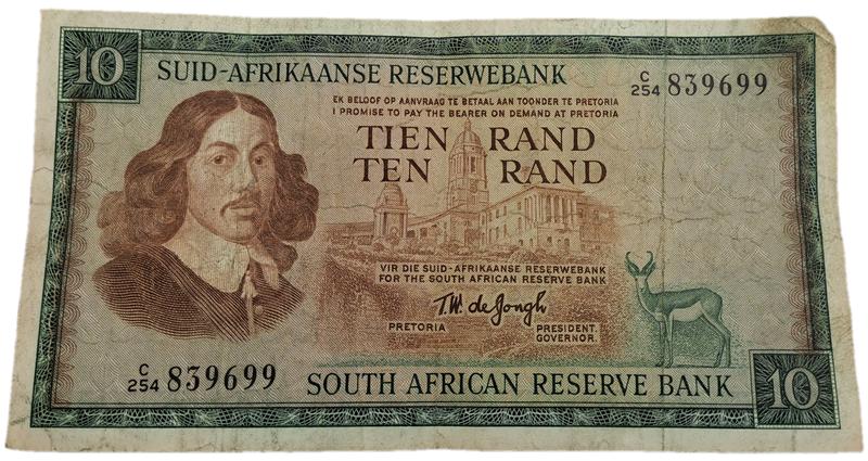 1967 Ten Rand Note -T.W. de Jongh, Watermark SPRINGBOK-Afrikaans-English -C/254 839699 Circulated