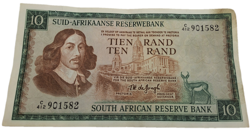 1975-1976 Ten Rand Note -T.W. de Jongh, Watermark van Riebeeck-Afrikaans-English -C/412 901582