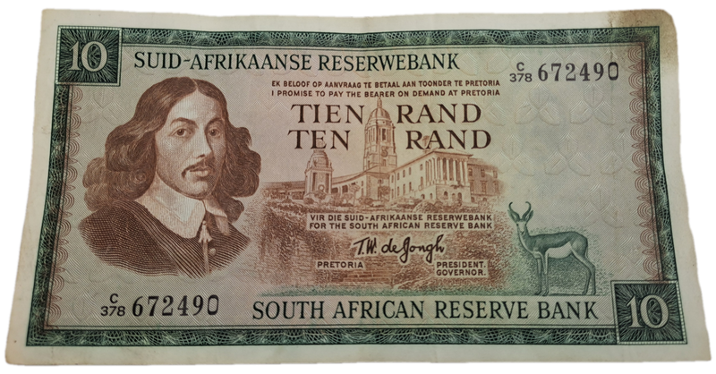 1975-1976 Ten Rand Note -T.W. de Jongh, Watermark van Riebeeck-Afrikaans-English -C/378 672490