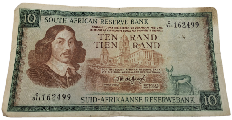 1975-1976 Ten Rand Note -T.W. de Jongh, Watermark van Riebeeck-English-Afrikaans -C/311 162499