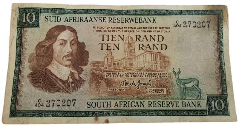 1975-1976 Ten Rand Note -T.W. de Jongh, Watermark van Riebeeck-Afrikaans-English -C/404 270207