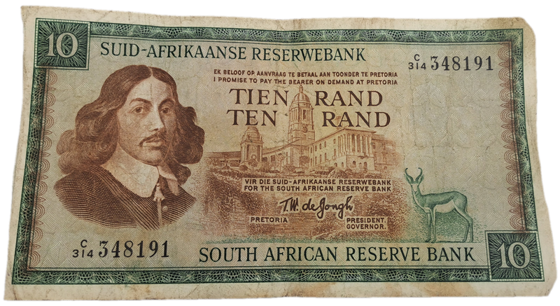 1975-1976 Ten Rand Note -T.W. de Jongh, Watermark van Riebeeck-Afrikaans-English -C/314 348191