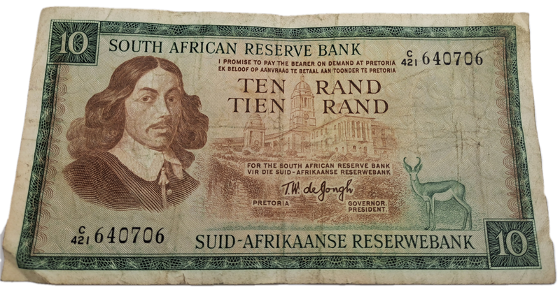 1975-1976 Ten Rand Note -T.W. de Jongh, Watermark van Riebeeck-English-Afrikaans -C/421 640706