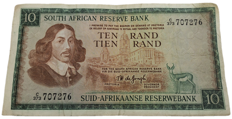 1975-1976 Ten Rand Note -T.W. de Jongh, Watermark van Riebeeck-English-Afrikaans -C/373 707276