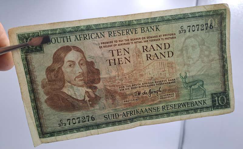 1975-1976 Ten Rand Note -T.W. de Jongh, Watermark van Riebeeck-English-Afrikaans -C/373 707276
