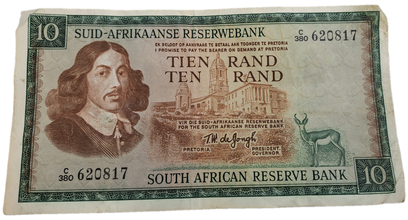 1975-1976 Ten Rand Note -T.W. de Jongh, Watermark van Riebeeck-Afrikaans-English -C/380 620817