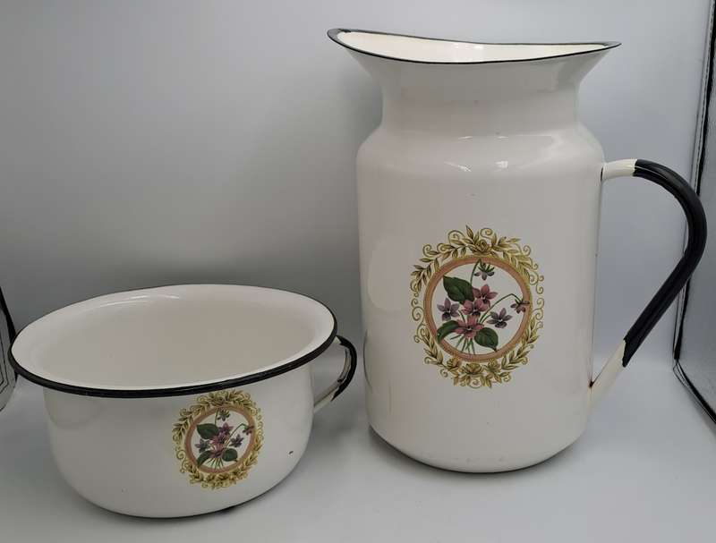 Large Vintage White enamel jug and matching Chamber Pot with flowers
