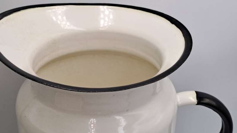 Large Vintage White enamel jug and matching Chamber Pot with flowers