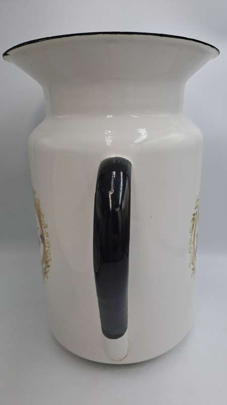 Large Vintage White enamel jug and matching Chamber Pot with flowers