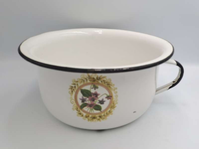 Large Vintage White enamel jug and matching Chamber Pot with flowers