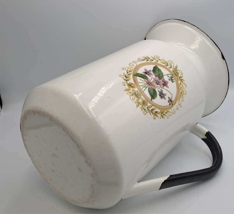Large Vintage White enamel jug and matching Chamber Pot with flowers