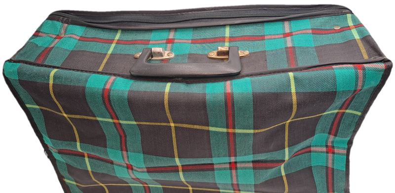 A Small Vintage Collapsible Travel Suitcase - Green Scottish Printed Fabric