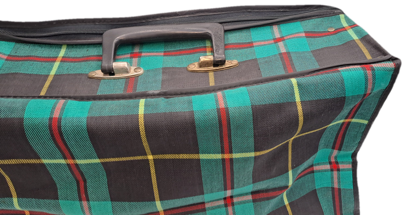 A Small Vintage Collapsible Travel Suitcase - Green Scottish Printed Fabric