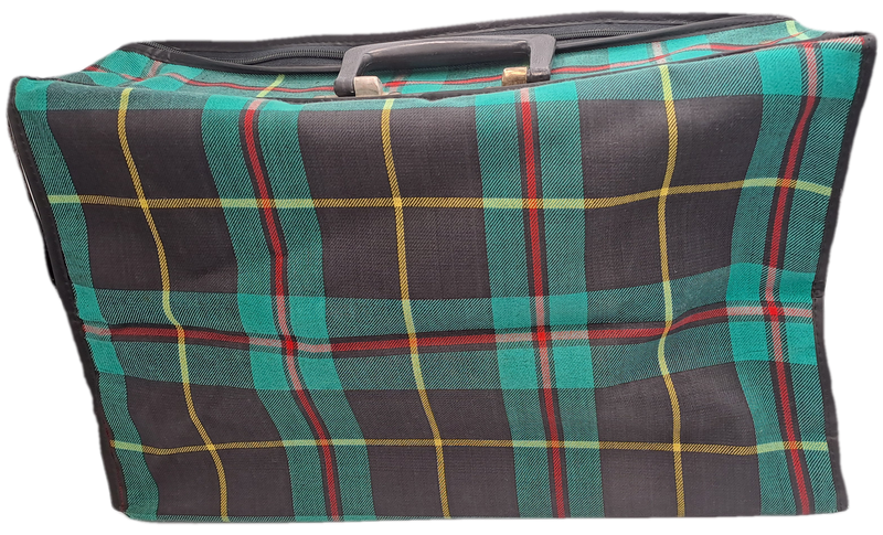 A Small Vintage Collapsible Travel Suitcase - Green Scottish Printed Fabric