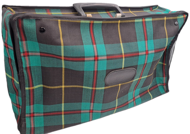A Small Vintage Collapsible Travel Suitcase - Green Scottish Printed Fabric